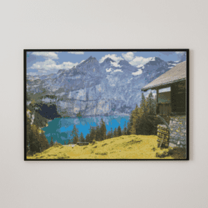 Huette mit Berglandschaft 50x70 eckige Steine