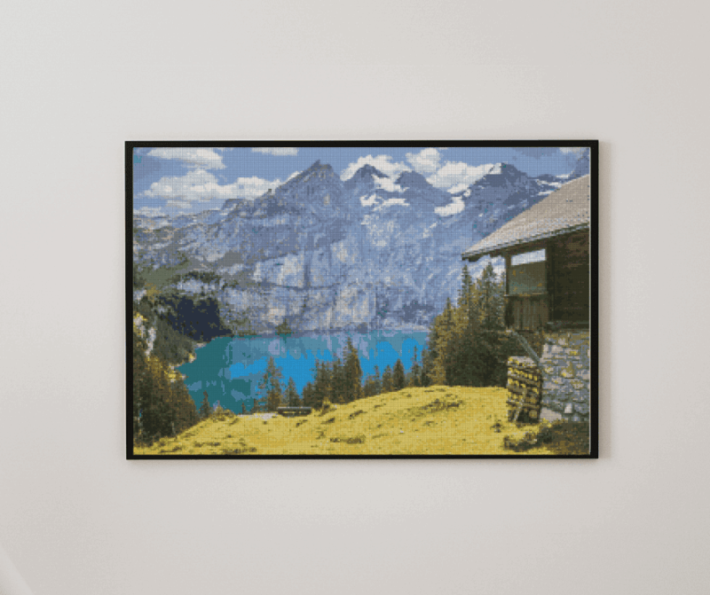 Huette mit Berglandschaft 50x70 eckige Steine