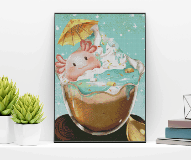 valyovanka, Axolotl im Becher 50×70 eckige Steine