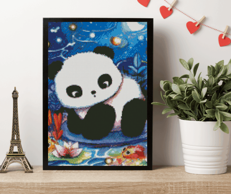 Tiny Tami, Panda am Koi Teich 30×40 Eckige Steine