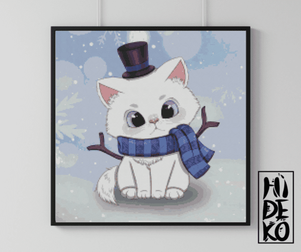 Hidekos Artwork,weiße Schneemann Katze 50×50 Eckige Steine