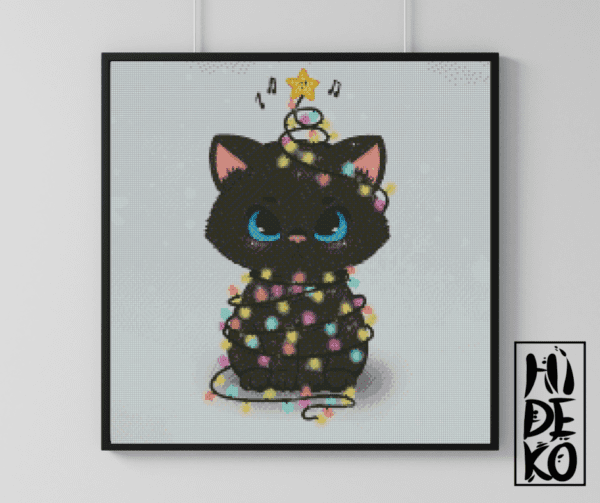 Hidekos Artwork, schwarze grumpy Lichterketten Christmas Neko 50×50 Eckige Steine